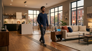 An interior photograph of a modern, accessible apartment. A smiling young man in his 20s confidently walks across a high-contrast hardwood floor using a white cane, following a built-in tactile guide path. The open living space features smart-home devices on a side table, a contemporary kitchen, and large windows offering a soft-focus view of an American urban neighborhood under warm, elegant lighting.